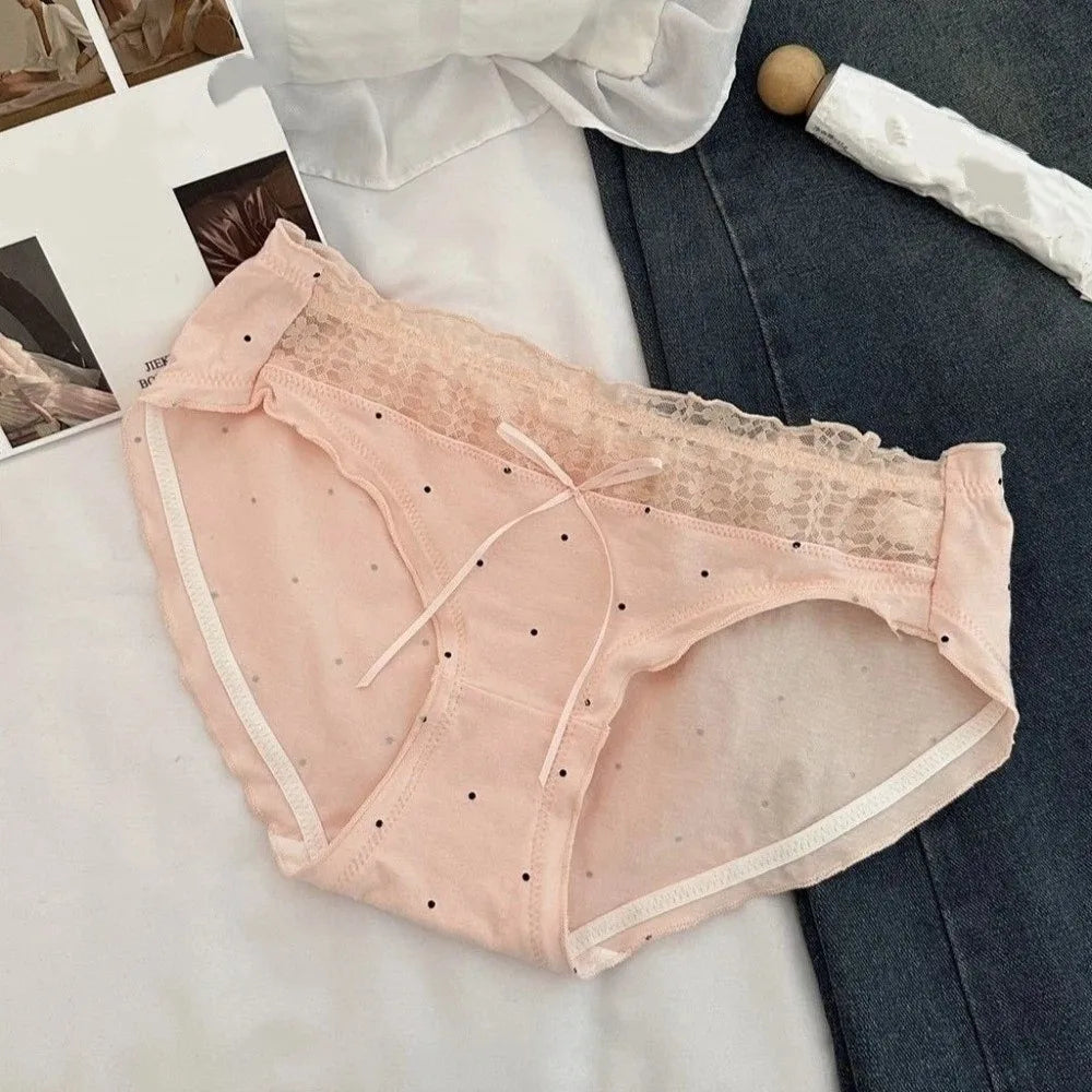 Lingerie Mid-waist Underwear Women Ruffle Patchwork Cotton Bow Briefs Dots Underpants Sweet Panties Summer