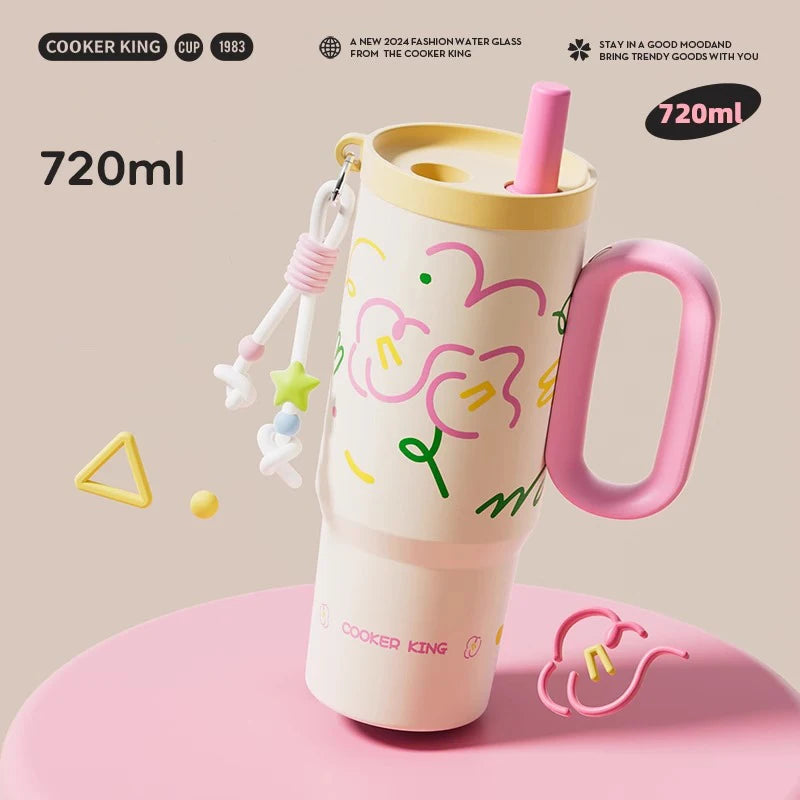 COOKER KING Spot Goods Vacuum Cup Thermal Mug Straw Insulated Ice Cup Car Thermal Mug with Handle Stylish Insulated Coffee Cup
