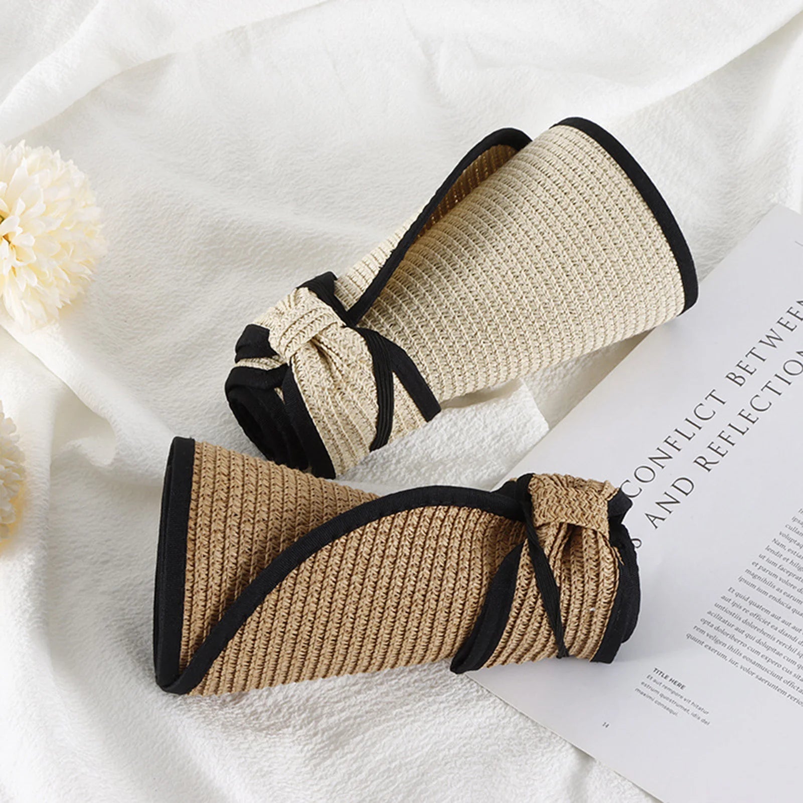 Summer Beach Sun Hat For Women Portable Folding Wide Brimmed Straw Hat Fashion Bow Shaped Hollow Top Straw Hat Girls Bucket Hats