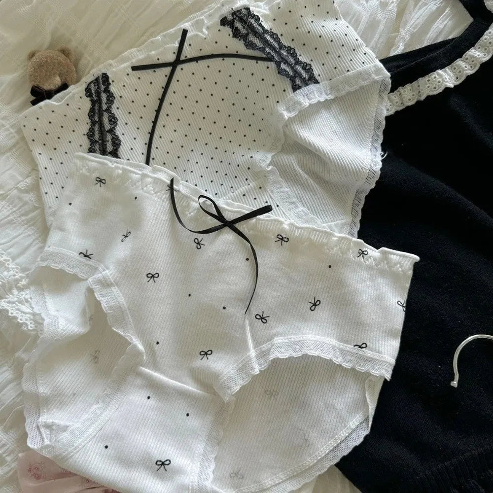 Lingerie Mid-waist Underwear for Women Ruffle Stripe Sweet Cotton Panties Underpants Dots Bow Briefs Girl