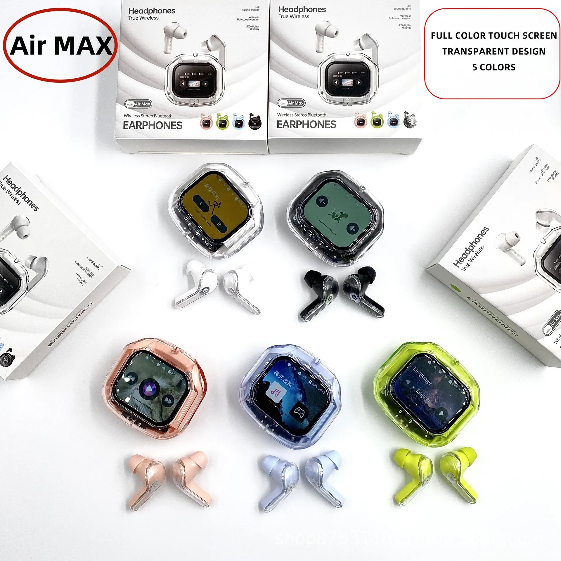 Wireless Bluetooth-compatible Earphones Intelligent Touch Color LCD Screen TWS Earbuds HIFI Noise Reduction Stereo Earphones
