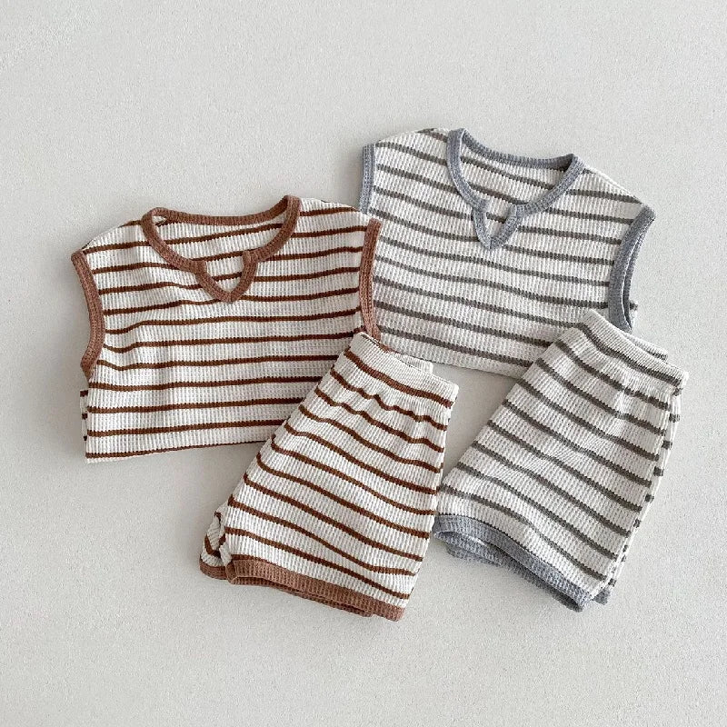 Summer baby clothes 0-5T solid color boys striped sleeveless T-shirt shorts set breathable girls vest short sleeved shorts set