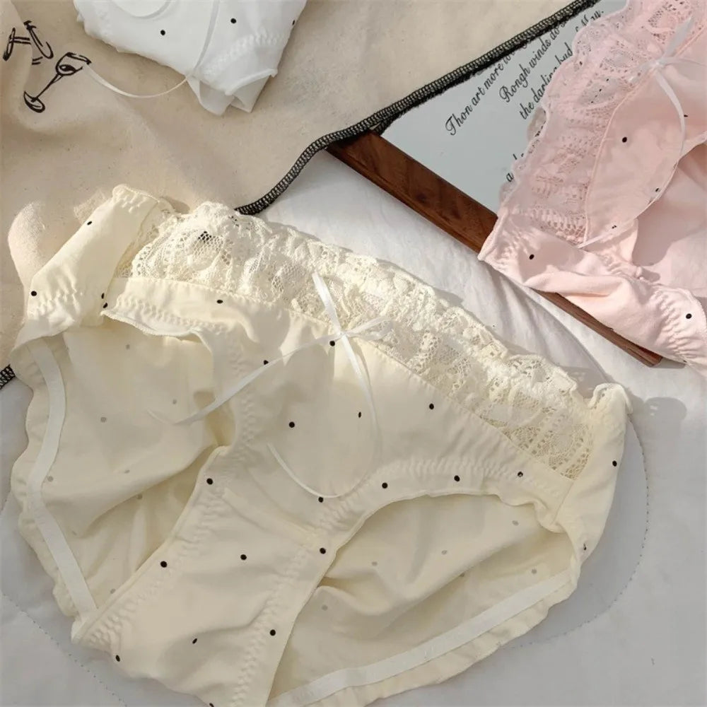 Lingerie Mid-waist Underwear Women Ruffle Patchwork Cotton Bow Briefs Dots Underpants Sweet Panties Summer