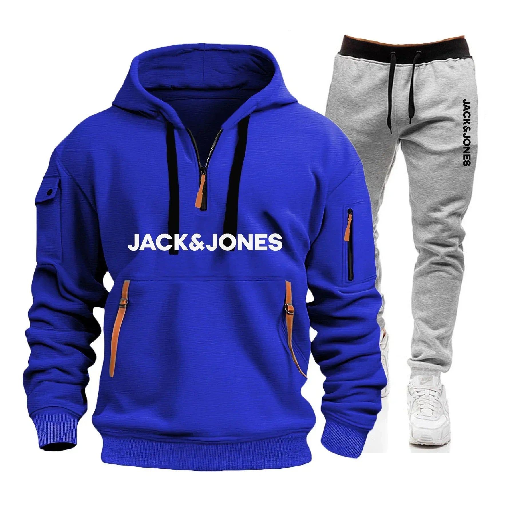 A two-piece outdoor fashion jogging and fitness set for men in autumn and winter, featuring a hooded sweatshirt and casual pants
