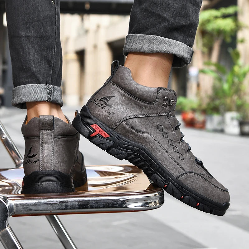 Men's High-Top Round-Toe Fashion Boots Lace-Up Outdoor Hiking Shoes Spring/Fall Thick-Sole Casual Oversized Men's Shoes