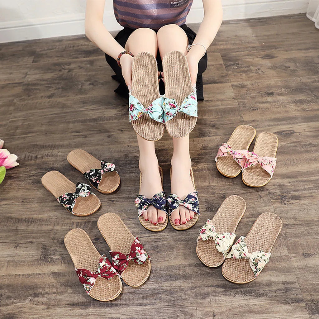 Shoes For Woman Sandalias Mujer Women Female Bowknot Flax Linen Flip Flops Beach Shoes Sandals Slipper Chaussures Femme