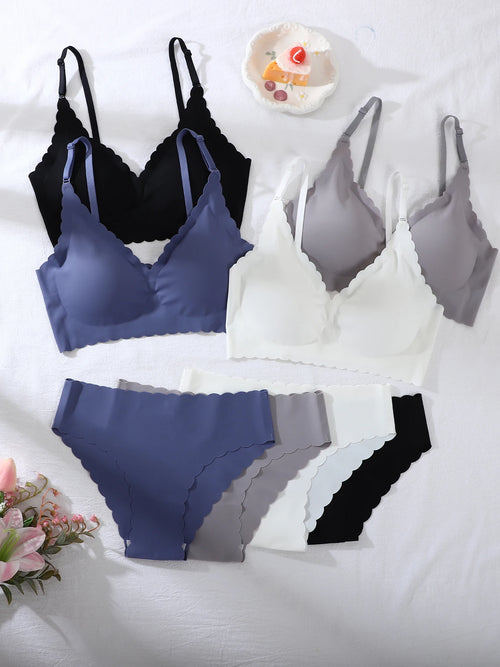 1 Set Solid Color Seamless Bra Panties Women Underwear Set Soft Breathable Removable Padding Ruffled Bralette Ultra-thin Briefs