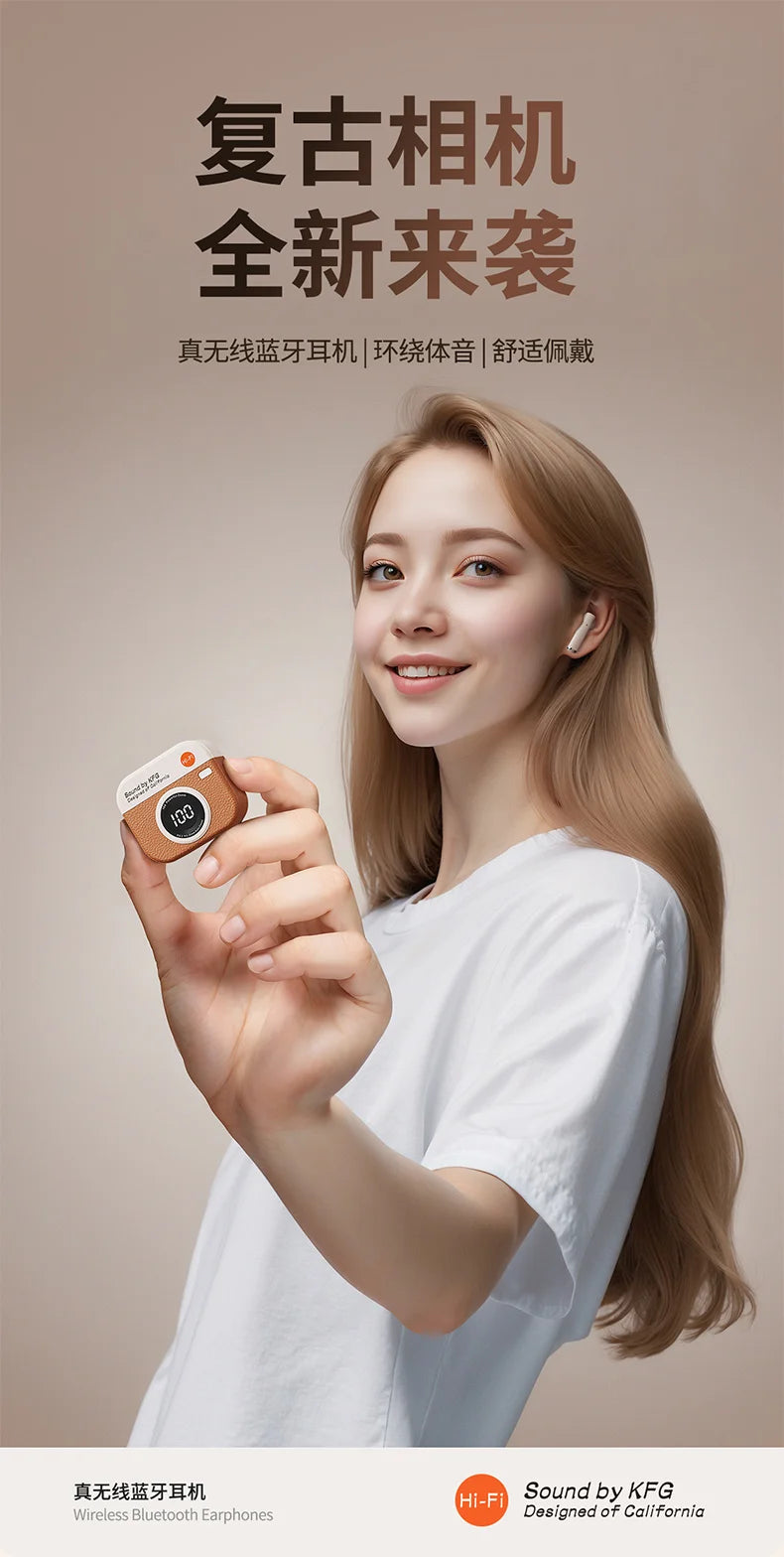 Bluetooth 5.4 vintage fashion wireless earphones, suitable for laptops, tablets, smartphones, and sports fitness, with LED displ