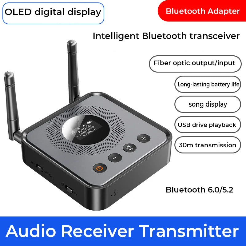 Bluetooth 6.0/5.2 Audio Receiver Transmitter with OLCD Digital Display USB Flash Drive & Wireless Music Playback Optical Output