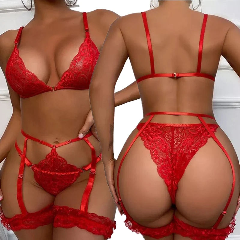 Sexy Bra Panty And Garters Lingerie Sexual Outfit Hot Transparent Wine Red Lace Exotic Women's Underwear Bra Set Erotic Costumes