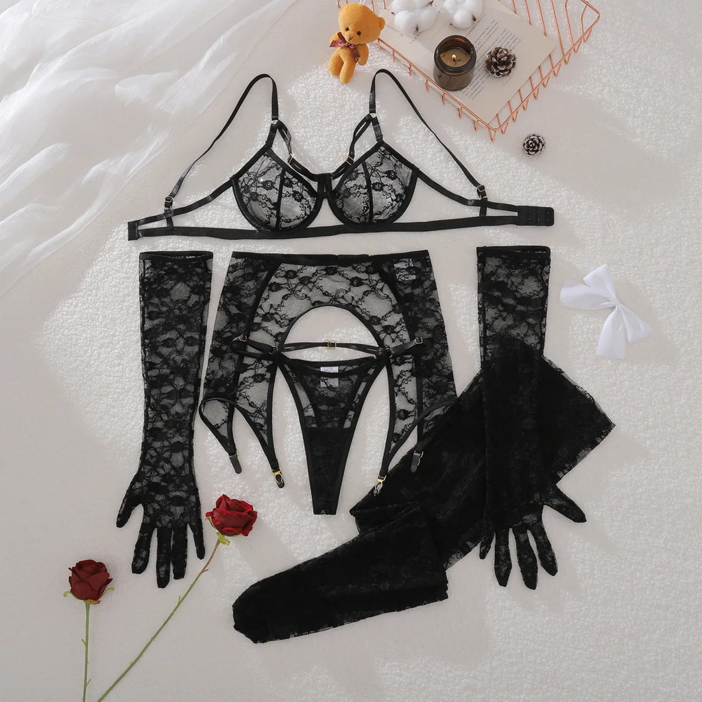 Lingerie Set 5 Piece for Women Elegant Lace Underwear Sheer See Through Thong Shaping Bodysuit with Stockings