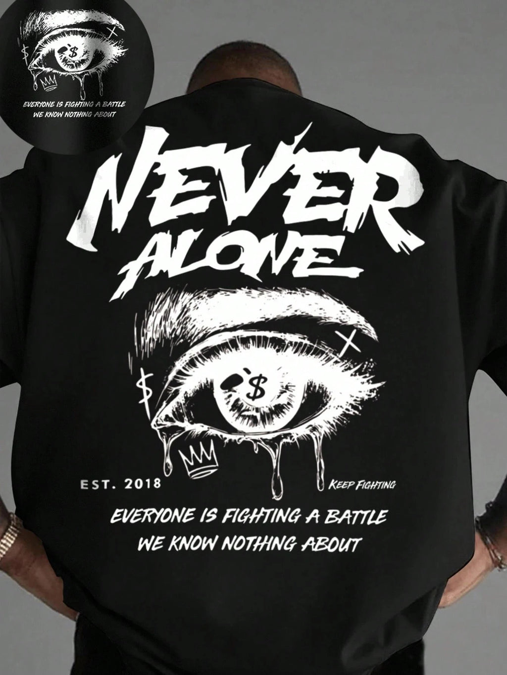 Summer Never Alone Eye Printing Cotton T-Shirts Mens Short Sleeve T Shirts Oversized O-Neck Soft Tops Casual Street Male Clothes