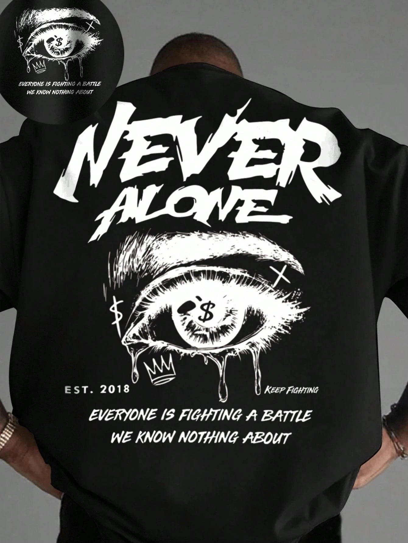 Summer Never Alone Eye Printing Cotton T-Shirts Mens Short Sleeve T Shirts Oversized O-Neck Soft Tops Casual Street Male Clothes
