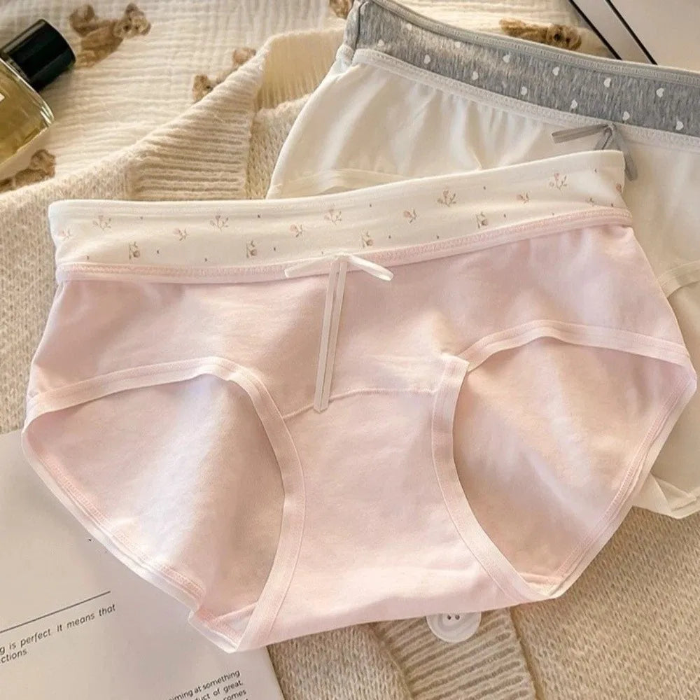 Lingerie Mid-waist Underwear for Women Bow Patchwork Women's Sweet Panties Large Size Underpants Cotton Briefs Lady
