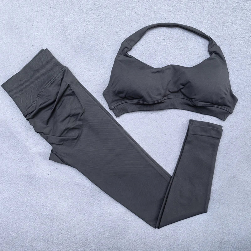 2 Pieces Yoga Set Women Seamless Scrunch Leggings Set Halter Sports Bra Fitness Gym Set Workout Clothes Sportswear