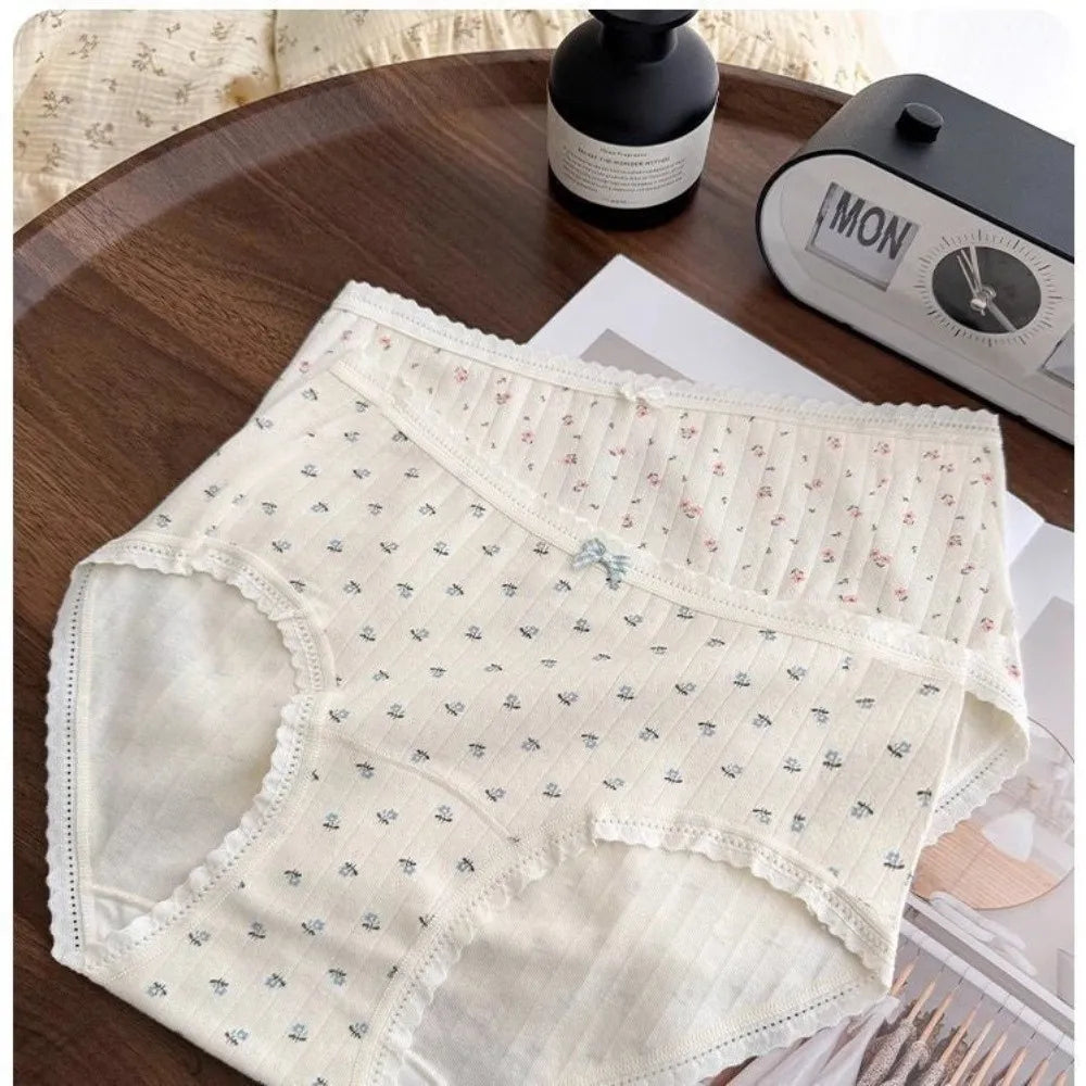 Lingerie Mid-waist Underwear for Women Bear Grid Sweet Floral Panties Underpants Bow Cotton Briefs Lady