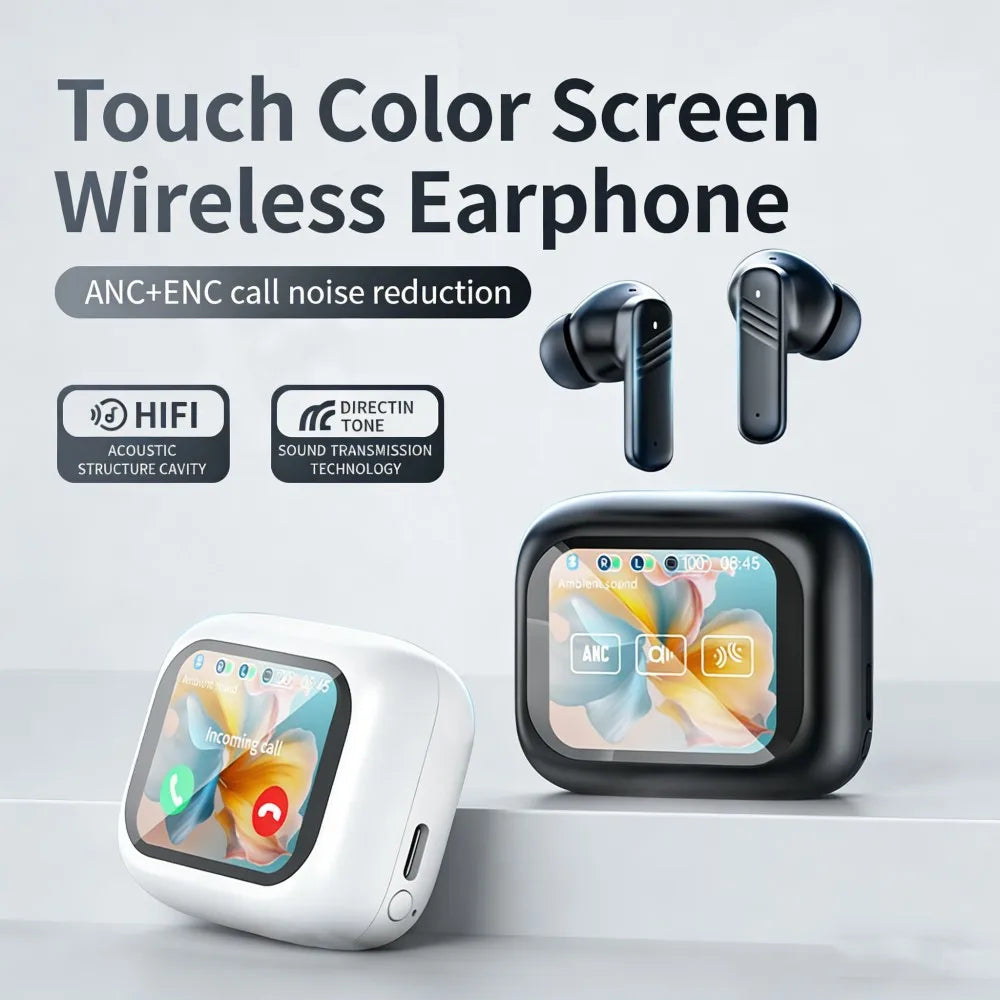 Bluetooth 5.4 ANC Headset Color Screen Touch Active Noise Cancellation Earbuds HIFI Stereo Sports Waterproof Earphones