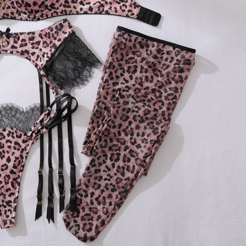 Lingerie Sexy Hot Wild Leopard Bra 5PC Set with Stockings Seductive Riding Suit Unleash Desire Party Kit Erotic Sexy Underwear
