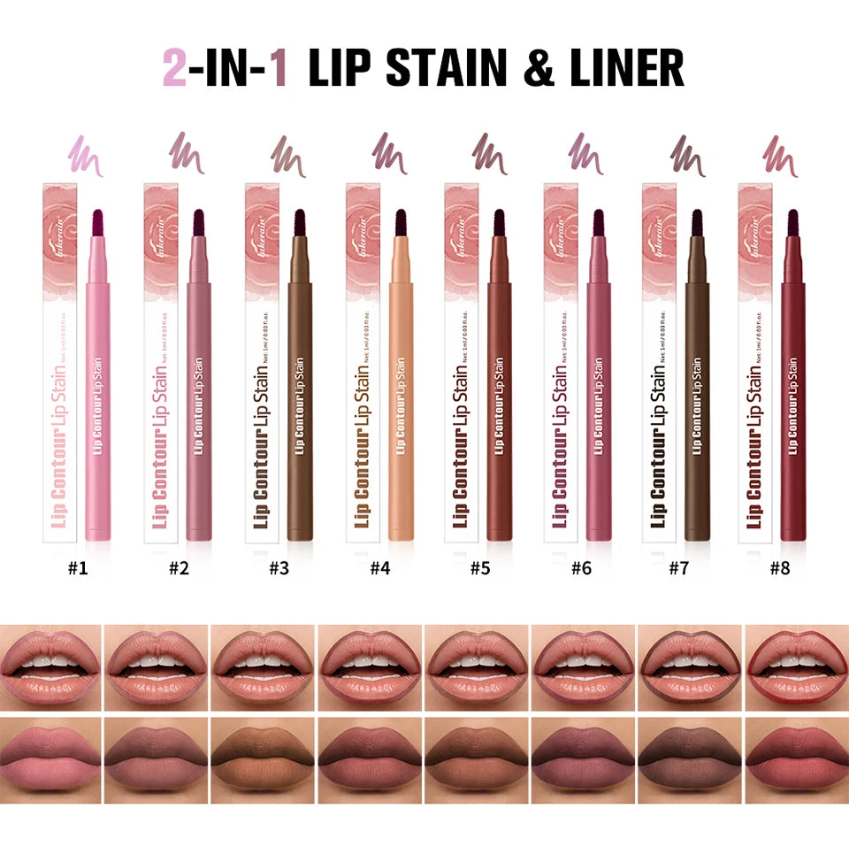 2-in-1 Lip Contour Lip Stain Pen Smudge-proof Non-stick Cup Moisturizing Lip Makeup Cosmetic Dual-Sided Tip Lip Stain & Liner