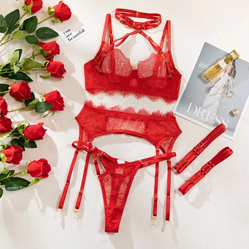 Lingeries Sexy Hot Eyelash Lace Trim Bandage Bra and Panty Lingerie Sets with Garter Belts Women's 3-Pieces Sets Erotic Costumes