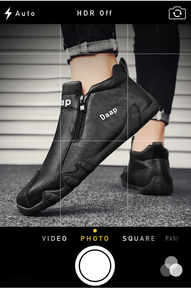 Men's Leather Shoes Ankle Boots Casual Leather Loafers Zipper Comfortable Formal Flat Solid Color White Shoes Driving Moccasins