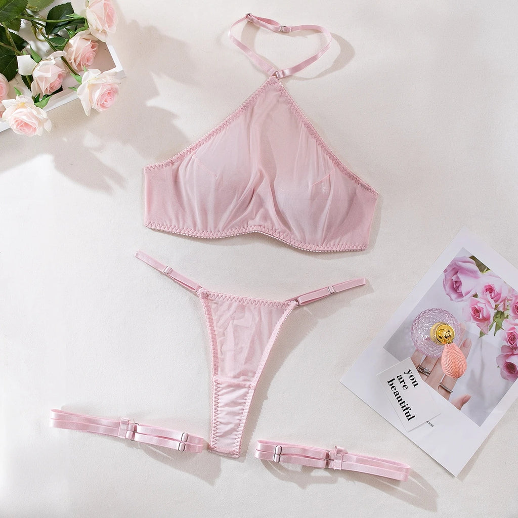 Sexy Bra And Panty Set Hanging Neck Lingerie Underwear Fairy Transparent Bra Erotic Sets Push Up Breves Kit Sexy Thongs