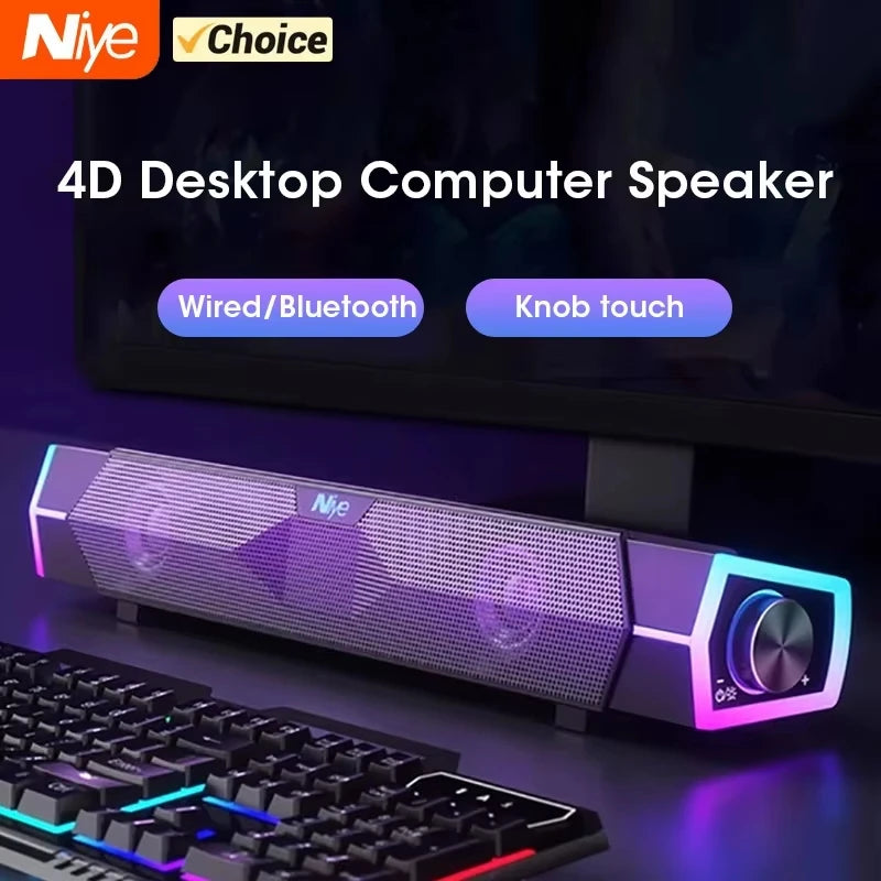 Bluetooth Computer Speaker Bar with 4D Surround Sound Subwoofer Wired Wireless RGB Home Audio Video for TV PC
