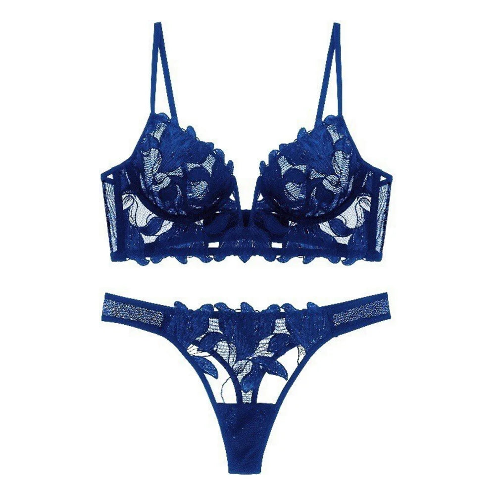 Sexy French Lace Floral Embroidery Brassiere Lingerie Set Women's Underwear Set Push Up thin Bralette Deep V Bra and Panty Set