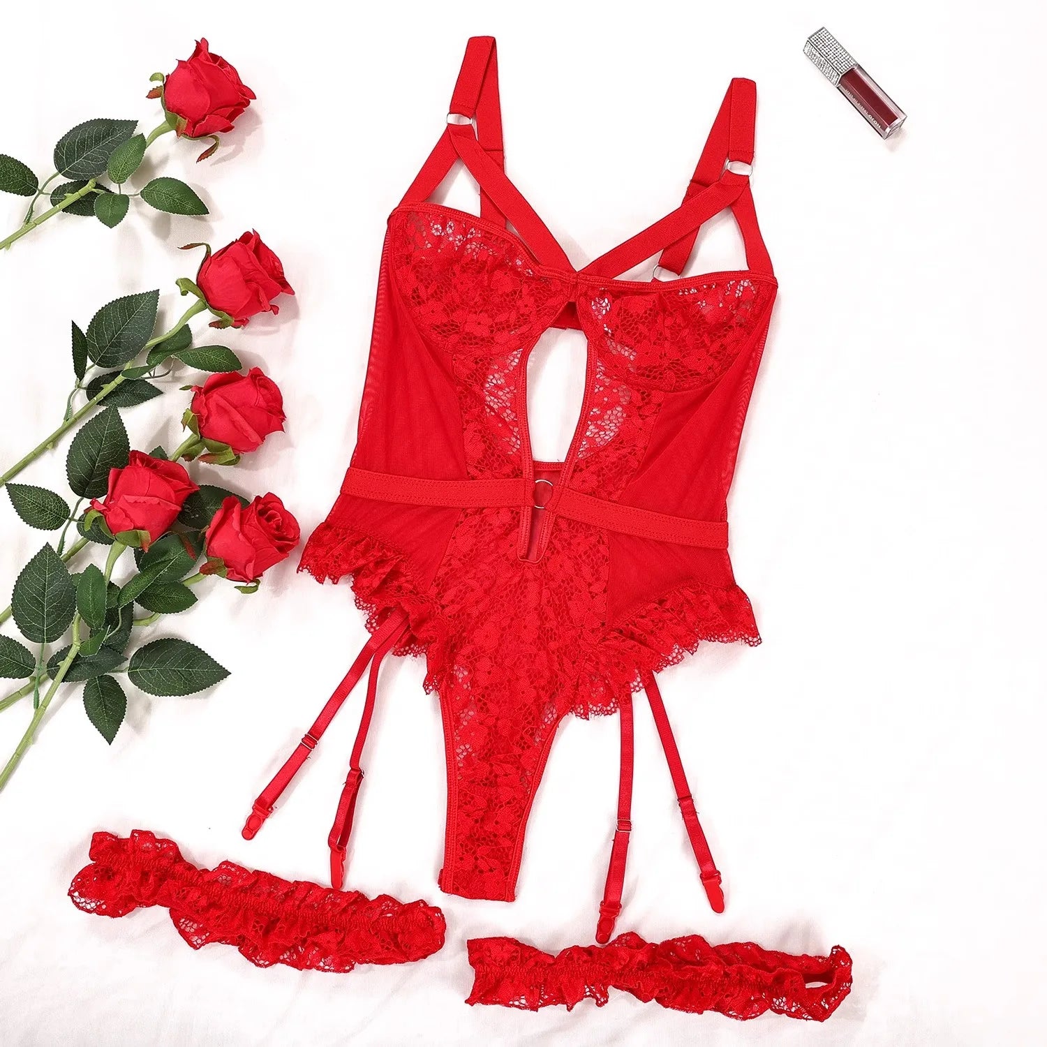 Lingerie Sexy Hot Sensual Bodysuits Sexy Lace Bra Set for Women Cut Out Strappy Bra and Panties Garter Choker Erotic Costumes