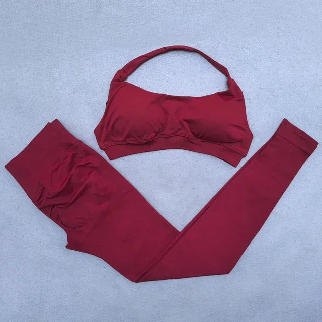Gym Set 2pcs Women Backless Yoga Bra Top Workout Scrunch Pants Sports Suit Fitness Clothes Seamless Outfits Yoga Leggings