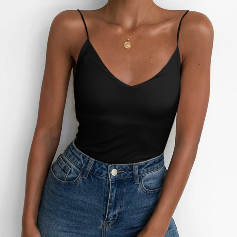 Summer Sexy Vest Women Thin V-neck Strap Camisole Top Solid Color Tank Tops Female Slim Fit Sleeveless For Ladies