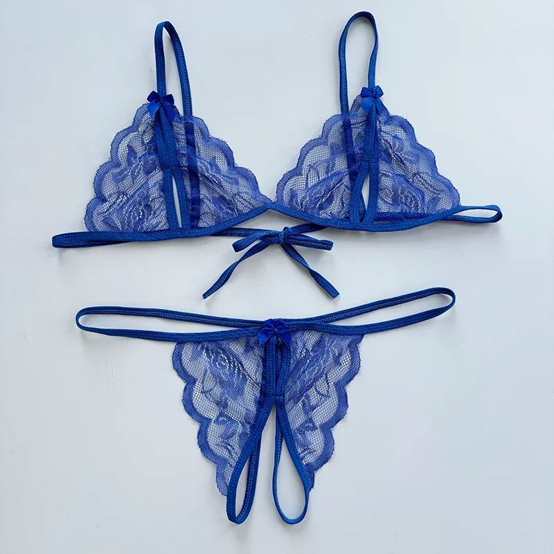Sexy Lace-up Lingerie Set Women Hot Open Crotch Transparent Sexy Bra and Panty Sets Sex Temptation Erotic Couples Date Underwear