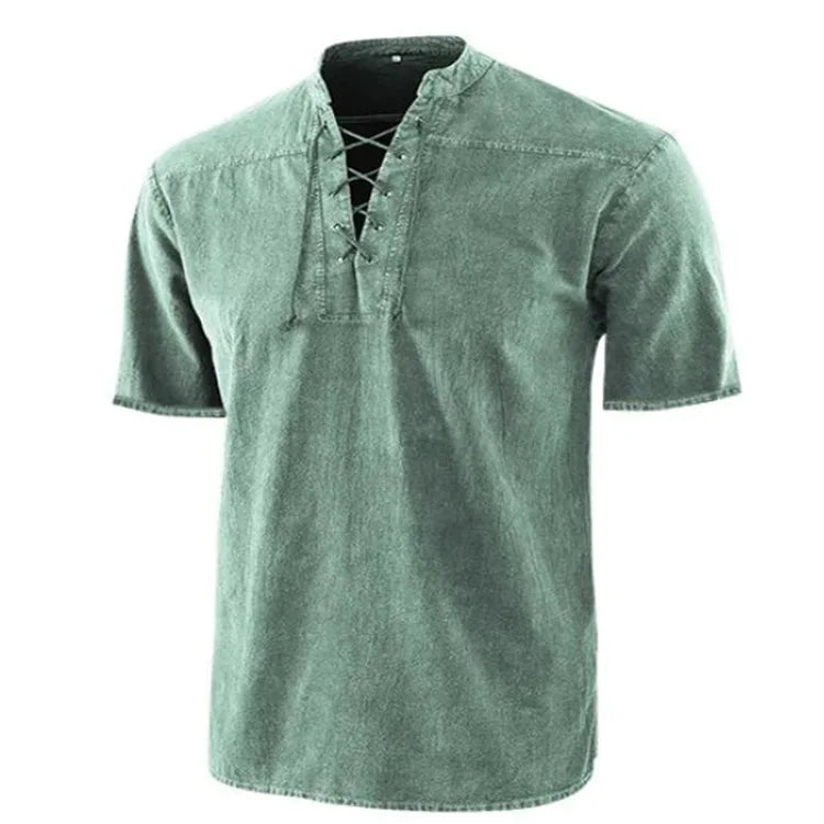 Summer T Shirt Men Stand Collar Front Lace Up Short Sleeve V Neck Slim T Shirt Streetwear for Daily Wear Casual Tops Tees S-5XL