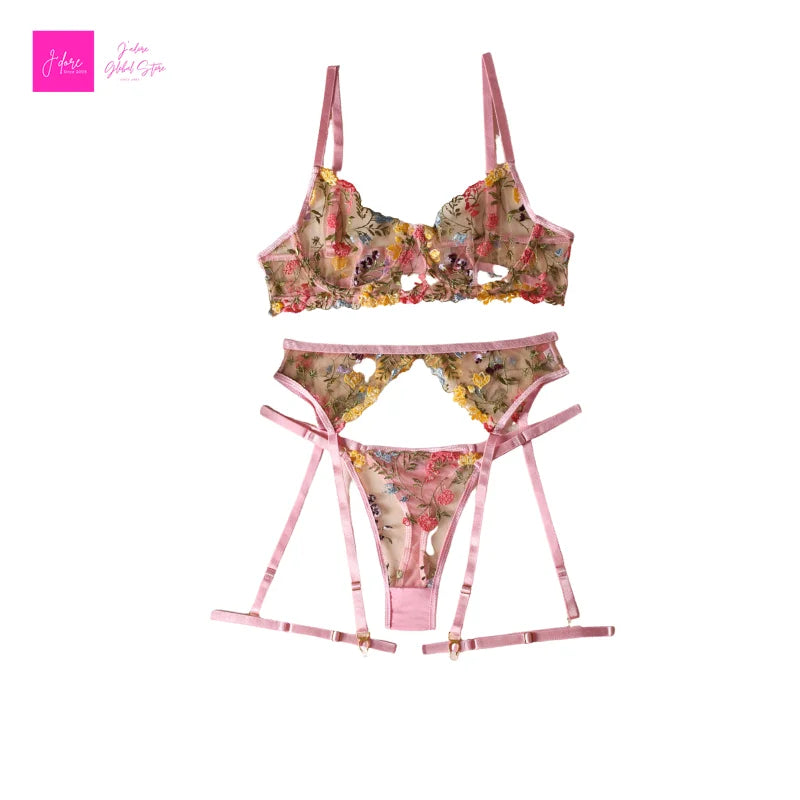 Lingerie Set Sensual Lace Underwear Transparent Embroidery 3 Pcs Garters Fancy Beautiful Short Skin Care Kits Intimate Bra Set