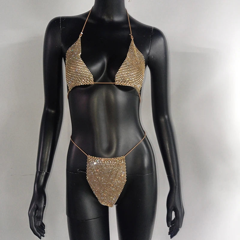 Bling Rhinestones Bra Panty Set Women Sexy Halter Bra Sexy Panty Two Piece Set Summer Beach Outfits Party Club Matching Sets