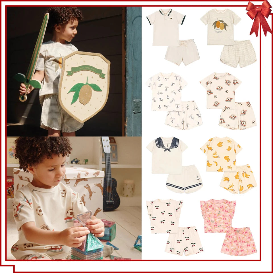 Summer Children Vacation Sets 2025 KS Girls Cute Cartoon Short Sleeve Tops Boys Sport T-shirt Shorts Baby Homewear Clothes Suit