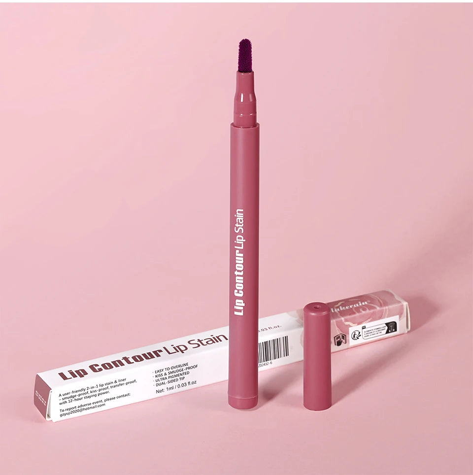 2-in-1 Lip Contour Lip Stain Pen Smudge-proof Non-stick Cup Moisturizing Lip Makeup Cosmetic Dual-Sided Tip Lip Stain & Liner