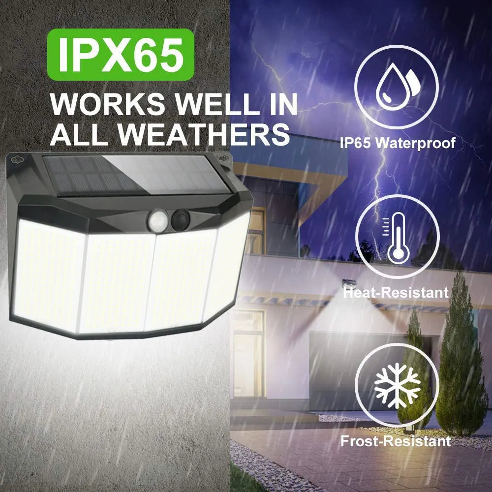 Solar Outdoor Lights 576 LED Motion Sensor Light 3 Working Modes Solar Powered Security Patio Lights for Garage Christmas Decor