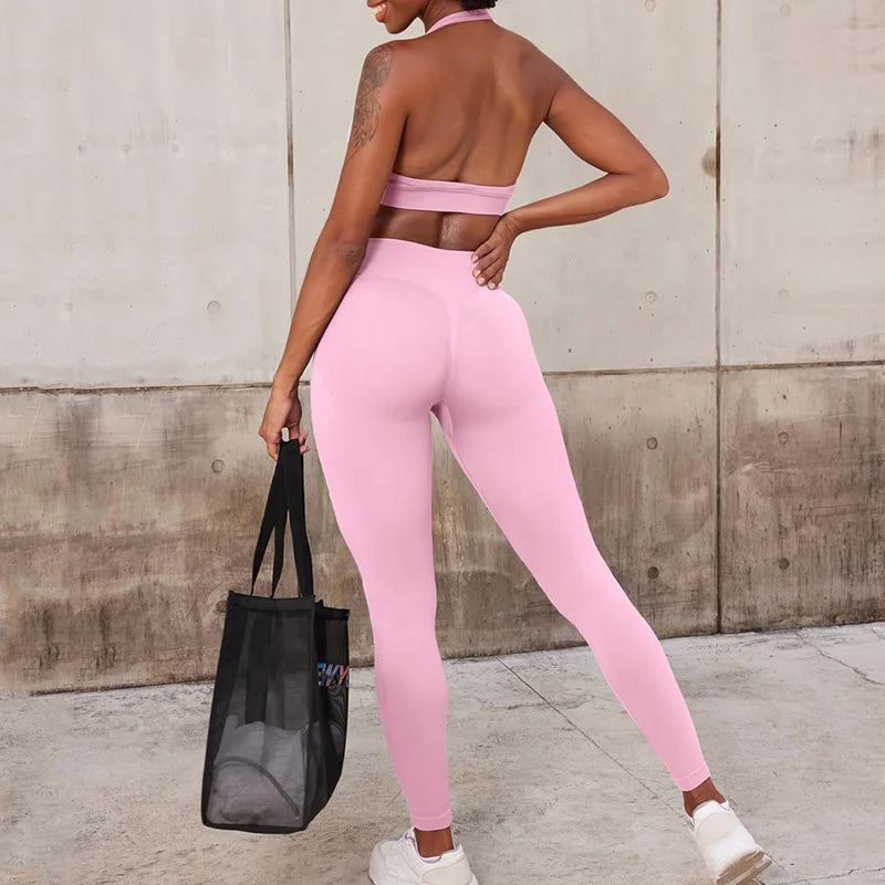 Gym Set 2pcs Women Backless Yoga Bra Top Workout Scrunch Pants Sports Suit Fitness Clothes Seamless Outfits Yoga Leggings