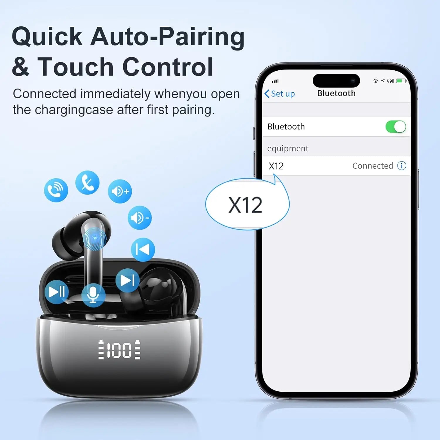 Bluetooth 5.3 Wireless Earbuds ENC Noise Cancelling Mic 50H Playtime Deep Bass Stereo Sound IP7 Waterproof LED Display Mini In-E