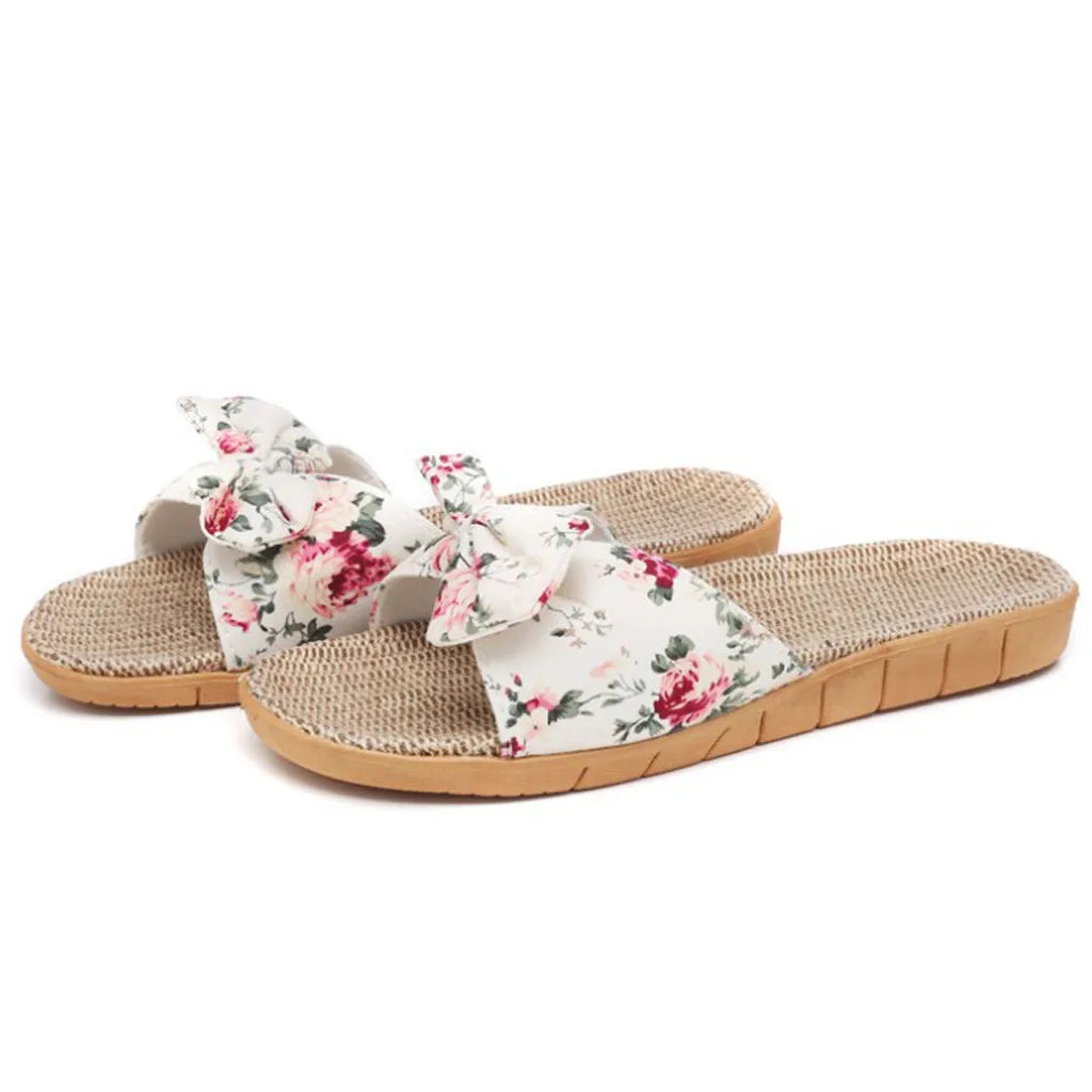 Shoes For Woman Sandalias Mujer Women Female Bowknot Flax Linen Flip Flops Beach Shoes Sandals Slipper Chaussures Femme