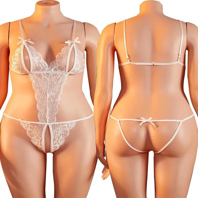 Female Sexy Lingerie Mesh Lace Floral Print Bra Set Teddy Crotchless Bodysuits For Plus Size Women Erotic Open Bra Underwear Set