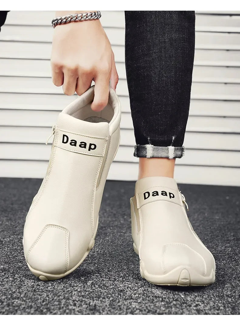 Men's Leather Shoes Ankle Boots Casual Leather Loafers Zipper Comfortable Formal Flat Solid Color White Shoes Driving Moccasins