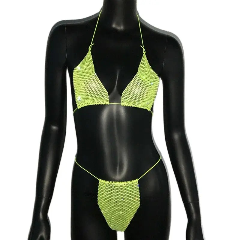 Bling Rhinestones Bra Panty Set Women Sexy Halter Bra Sexy Panty Two Piece Set Summer Beach Outfits Party Club Matching Sets