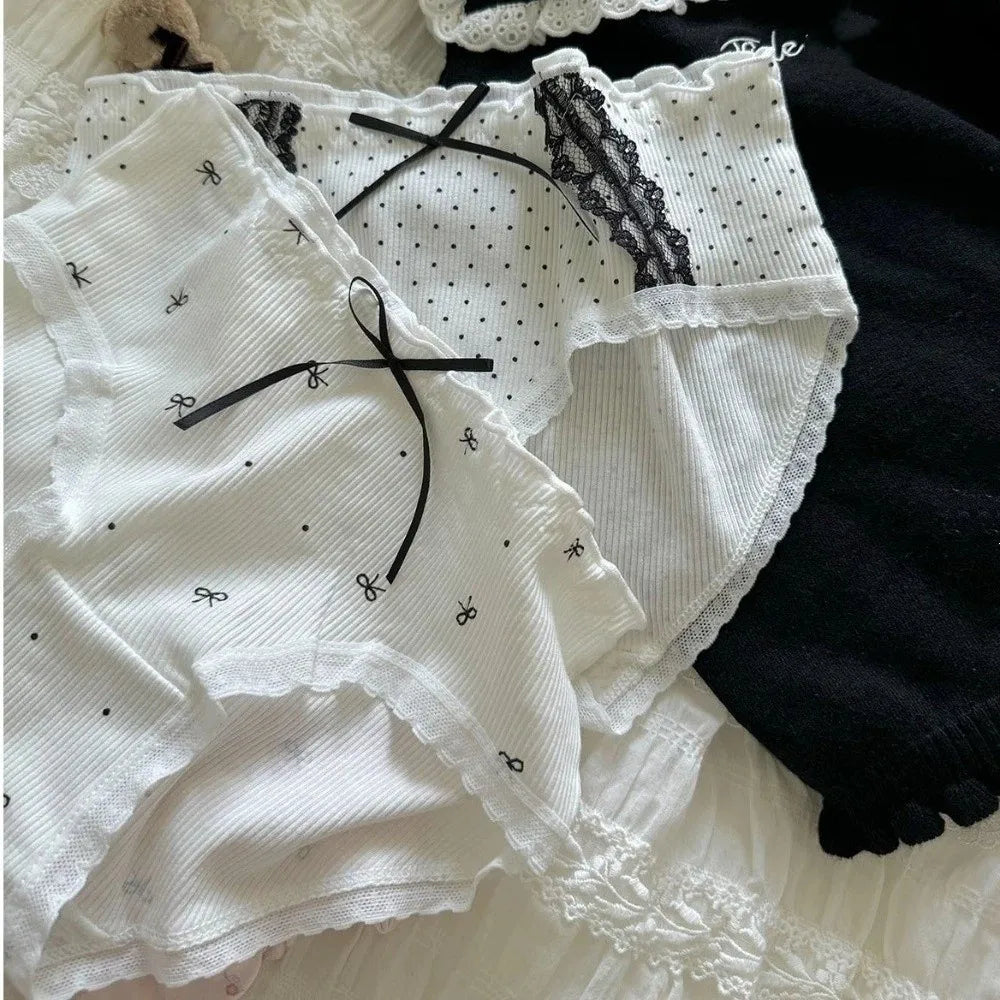 Lingerie Mid-waist Underwear for Women Ruffle Stripe Sweet Cotton Panties Underpants Dots Bow Briefs Girl