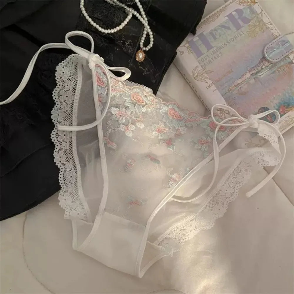 Lingerie Low Waist Embroidery Flower Panties Cotton Crotch Sweet Underwear for Women Transparent Lace-up Underwear Lady
