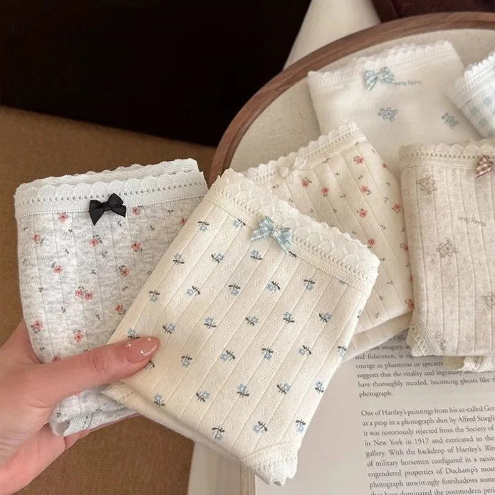 Lingerie Mid-waist Underwear for Women Bear Grid Sweet Floral Panties Underpants Bow Cotton Briefs Lady