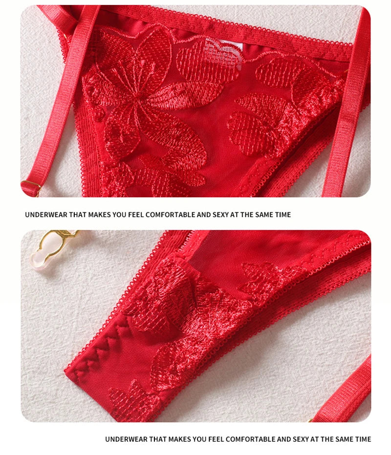 Lingerie Set Women Sexy Underwear Push Up Strappy Embroidered Mesh Sheer Lingerie Set See Through Panty Bra 3 Piece Langerie