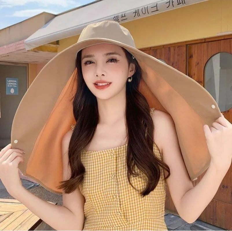 Summer Hats for Women Outdoor UV Anti Neck Protection Sun Visors for Lady Fishing Hiking Wide Brim Shawl Sunscreen Ponytail Cap