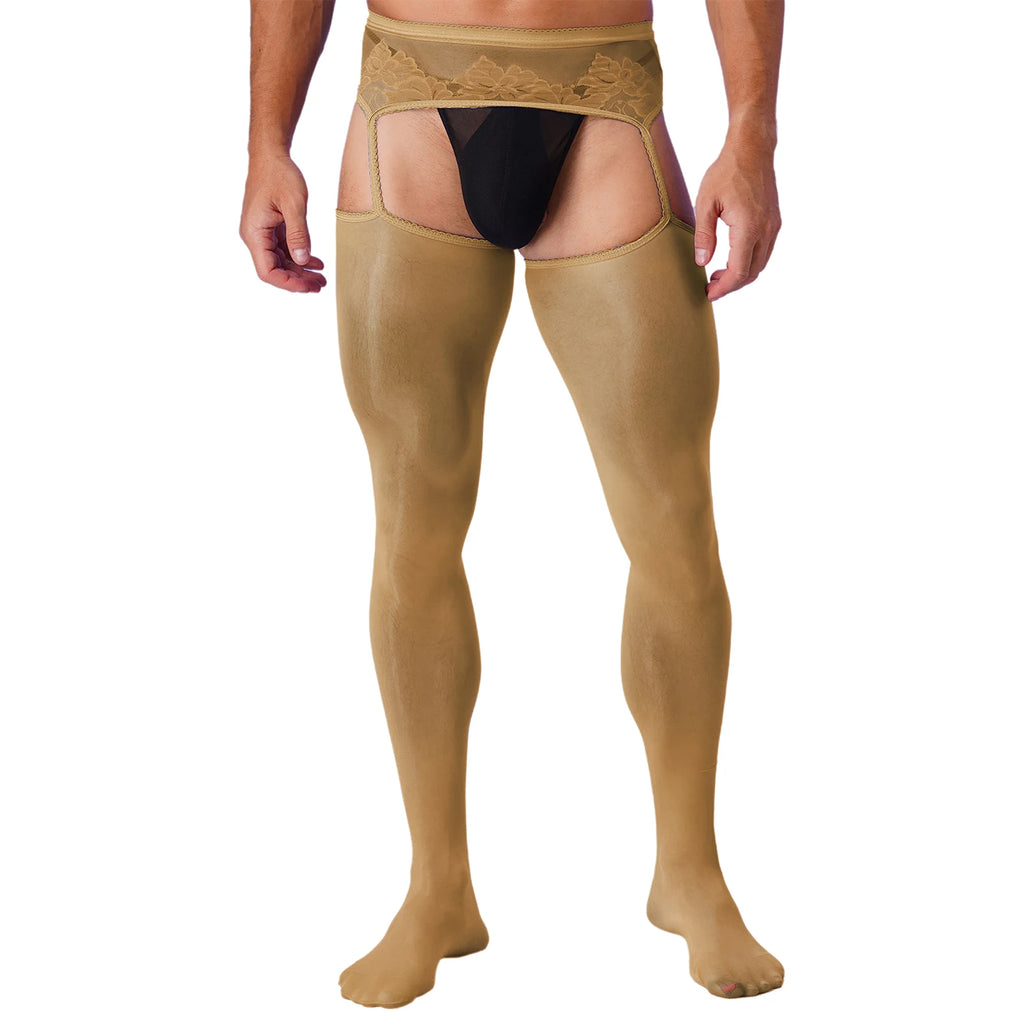 Lingerie Mens Ultra Thin Mesh Leggings Gays Pantyhose Floral Lace See Through Underpants Garter Stockings for Night Dating Wear